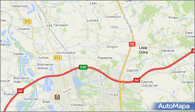 mapa Pawęzów gmina Lisia Góra, Pawęzów gmina Lisia Góra na mapie Targeo