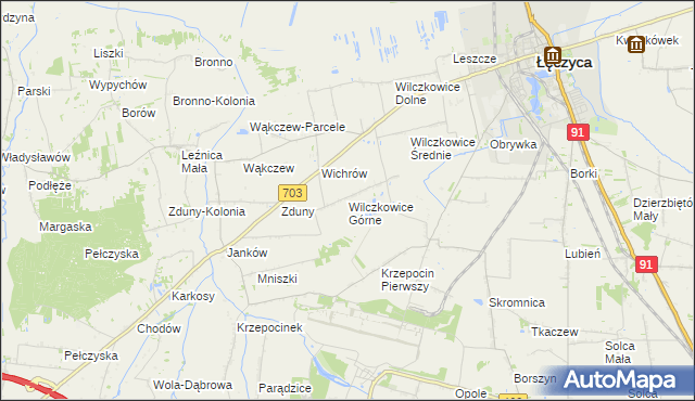mapa Wilczkowice Górne gmina Łęczyca, Wilczkowice Górne gmina Łęczyca na mapie Targeo