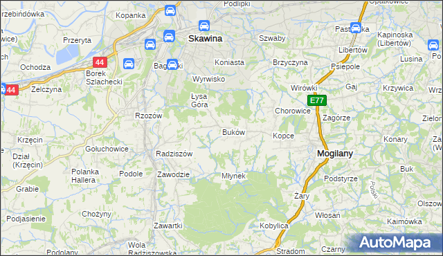 mapa Buków gmina Mogilany, Buków gmina Mogilany na mapie Targeo