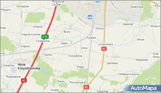mapa Glina gmina Wola Krzysztoporska, Glina gmina Wola Krzysztoporska na mapie Targeo