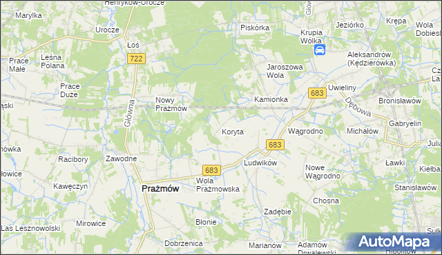 mapa Koryta gmina Prażmów, Koryta gmina Prażmów na mapie Targeo