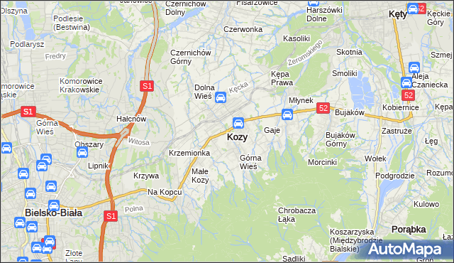 mapa Kozy powiat bielski, Kozy powiat bielski na mapie Targeo