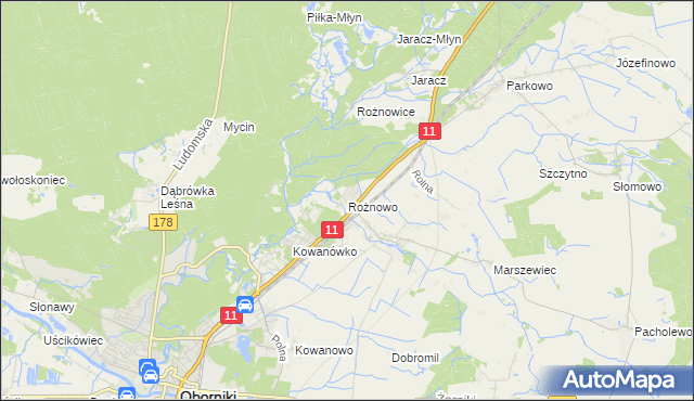 mapa Rożnowo gmina Oborniki, Rożnowo gmina Oborniki na mapie Targeo