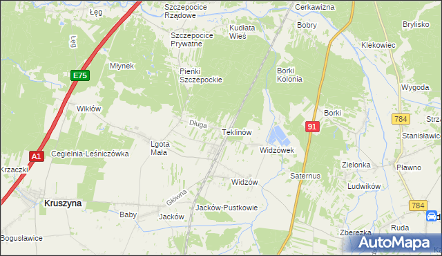 mapa Teklinów gmina Kruszyna, Teklinów gmina Kruszyna na mapie Targeo