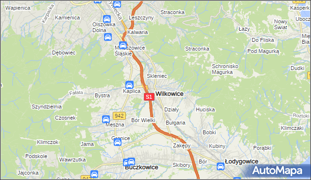 mapa Wilkowice powiat bielski, Wilkowice powiat bielski na mapie Targeo