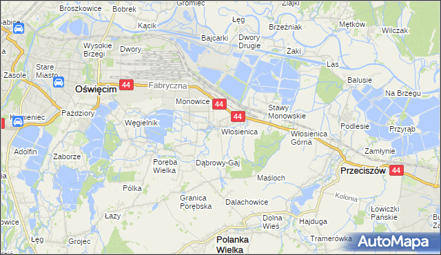 mapa Włosienica gmina Oświęcim, Włosienica gmina Oświęcim na mapie Targeo