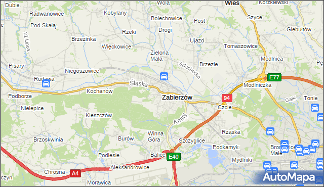 mapa Zabierzów powiat krakowski, Zabierzów powiat krakowski na mapie Targeo