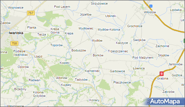 mapa Borków gmina Iwaniska, Borków gmina Iwaniska na mapie Targeo