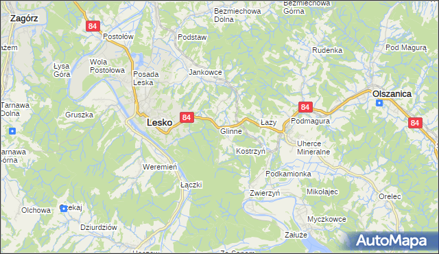 mapa Glinne gmina Lesko, Glinne gmina Lesko na mapie Targeo