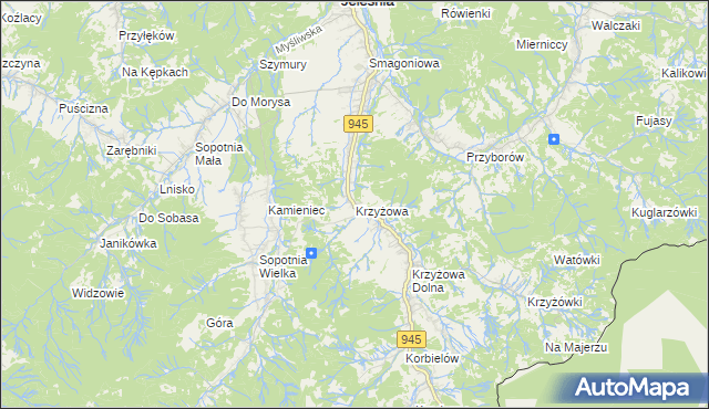 mapa Krzyżowa gmina Jeleśnia, Krzyżowa gmina Jeleśnia na mapie Targeo