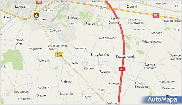 mapa Krzyżanów powiat kutnowski, Krzyżanów powiat kutnowski na mapie Targeo