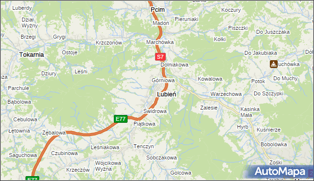 mapa Lubień powiat myślenicki, Lubień powiat myślenicki na mapie Targeo
