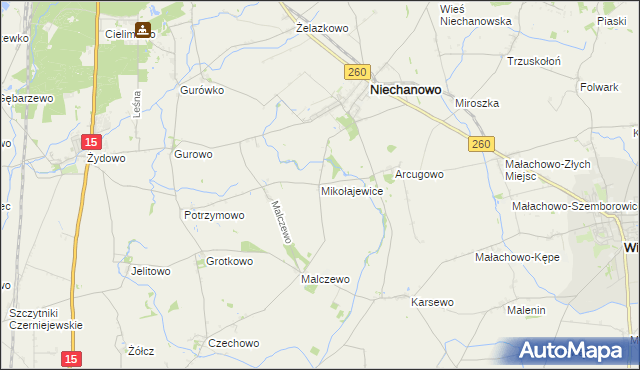 mapa Mikołajewice gmina Niechanowo, Mikołajewice gmina Niechanowo na mapie Targeo
