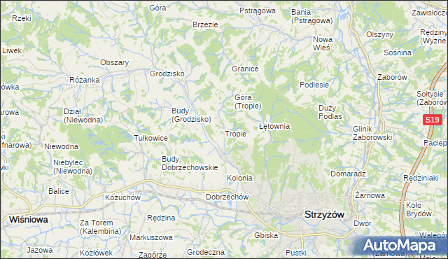 mapa Tropie gmina Strzyżów, Tropie gmina Strzyżów na mapie Targeo