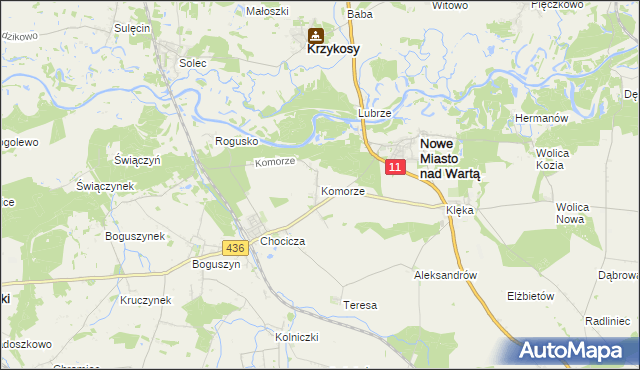 mapa Komorze gmina Nowe Miasto nad Wartą, Komorze gmina Nowe Miasto nad Wartą na mapie Targeo