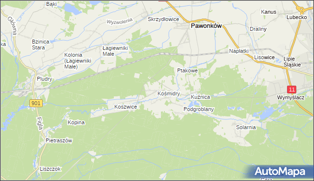 mapa Kośmidry gmina Pawonków, Kośmidry gmina Pawonków na mapie Targeo
