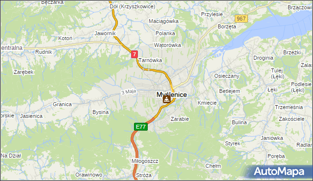 mapa Myślenice, Myślenice na mapie Targeo