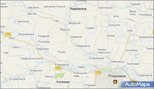 mapa Rzędowice gmina Koniusza, Rzędowice gmina Koniusza na mapie Targeo