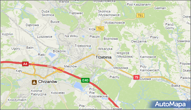 mapa Trzebinia powiat chrzanowski, Trzebinia powiat chrzanowski na mapie Targeo