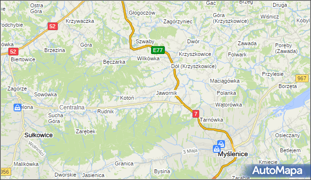 mapa Jawornik gmina Myślenice, Jawornik gmina Myślenice na mapie Targeo