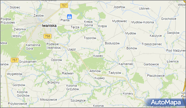 mapa Kopiec gmina Iwaniska, Kopiec gmina Iwaniska na mapie Targeo