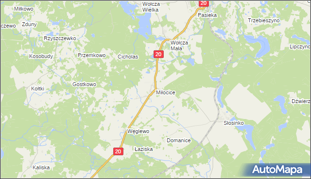 mapa Miłocice gmina Miastko, Miłocice gmina Miastko na mapie Targeo