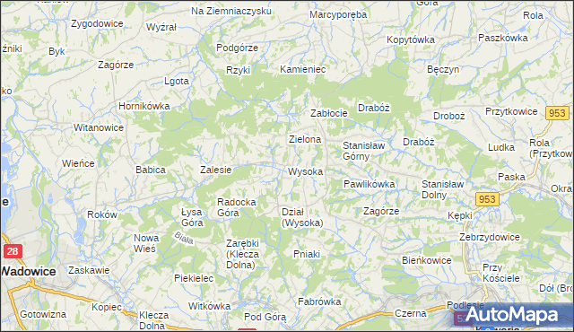 mapa Wysoka gmina Wadowice, Wysoka gmina Wadowice na mapie Targeo