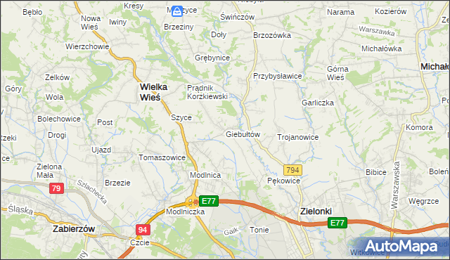 mapa Giebułtów gmina Wielka Wieś, Giebułtów gmina Wielka Wieś na mapie Targeo