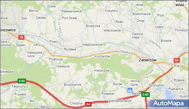 mapa Kochanów gmina Zabierzów, Kochanów gmina Zabierzów na mapie Targeo