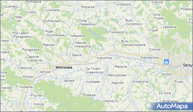 mapa Kożuchów gmina Wiśniowa, Kożuchów gmina Wiśniowa na mapie Targeo