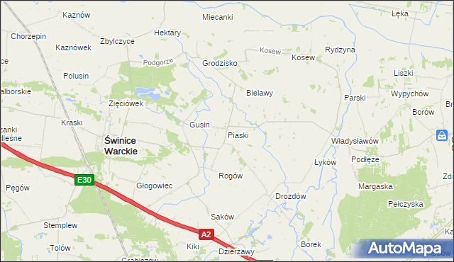 mapa Piaski gmina Świnice Warckie, Piaski gmina Świnice Warckie na mapie Targeo