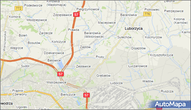 mapa Prusy gmina Kocmyrzów-Luborzyca, Prusy gmina Kocmyrzów-Luborzyca na mapie Targeo