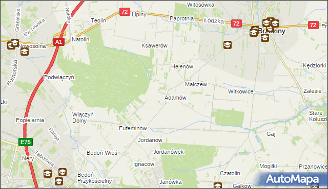 mapa Adamów gmina Brzeziny, Adamów gmina Brzeziny na mapie Targeo