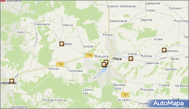 mapa Biskupice gmina Pilica, Biskupice gmina Pilica na mapie Targeo