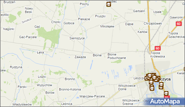 mapa Błonie gmina Łęczyca, Błonie gmina Łęczyca na mapie Targeo