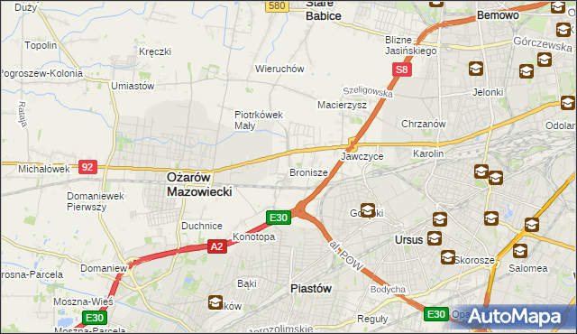 mapa Bronisze gmina Ożarów Mazowiecki, Bronisze gmina Ożarów Mazowiecki na mapie Targeo