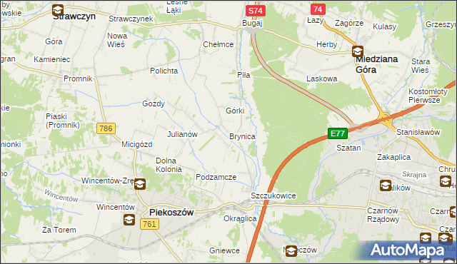 mapa Brynica gmina Piekoszów, Brynica gmina Piekoszów na mapie Targeo