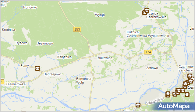 mapa Bukowiec gmina Czarnków, Bukowiec gmina Czarnków na mapie Targeo