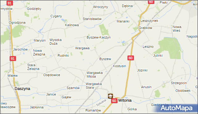 mapa Byszew gmina Kutno, Byszew gmina Kutno na mapie Targeo