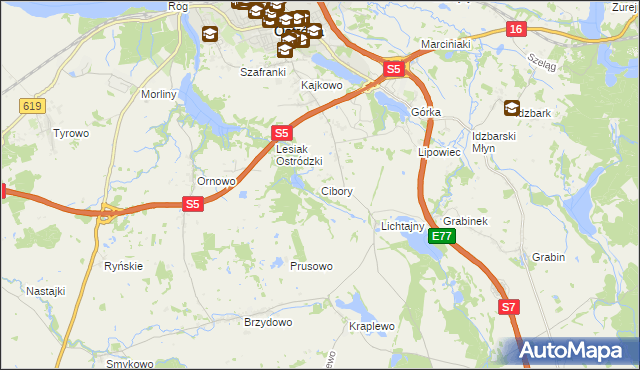 mapa Cibory gmina Ostróda, Cibory gmina Ostróda na mapie Targeo
