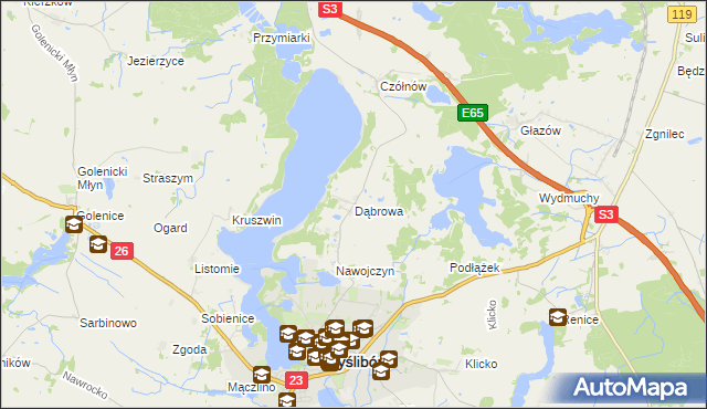 mapa Dąbrowa gmina Myślibórz, Dąbrowa gmina Myślibórz na mapie Targeo