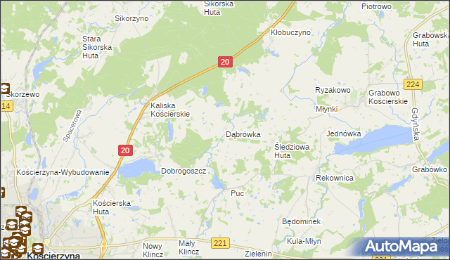 mapa Dąbrówka gmina Kościerzyna, Dąbrówka gmina Kościerzyna na mapie Targeo