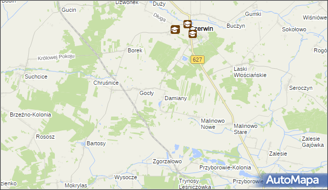 mapa Damiany gmina Czerwin, Damiany gmina Czerwin na mapie Targeo