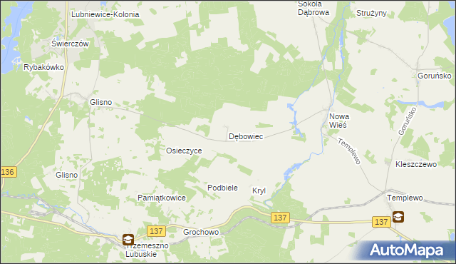 mapa Dębowiec gmina Bledzew, Dębowiec gmina Bledzew na mapie Targeo