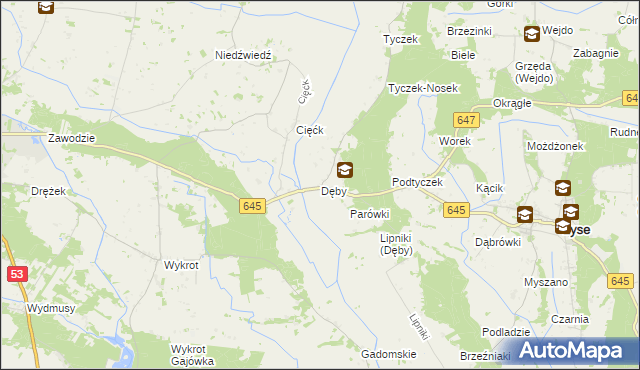 mapa Dęby gmina Łyse, Dęby gmina Łyse na mapie Targeo