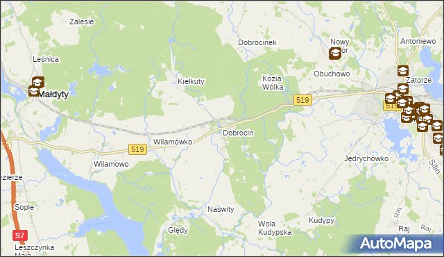 mapa Dobrocin gmina Małdyty, Dobrocin gmina Małdyty na mapie Targeo