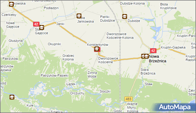 mapa Dworszowice Kościelne, Dworszowice Kościelne na mapie Targeo