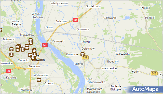 mapa Dziecinów gmina Sobienie-Jeziory, Dziecinów gmina Sobienie-Jeziory na mapie Targeo