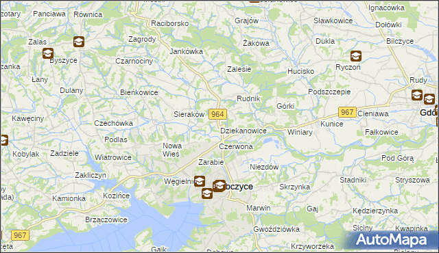 mapa Dziekanowice gmina Dobczyce, Dziekanowice gmina Dobczyce na mapie Targeo