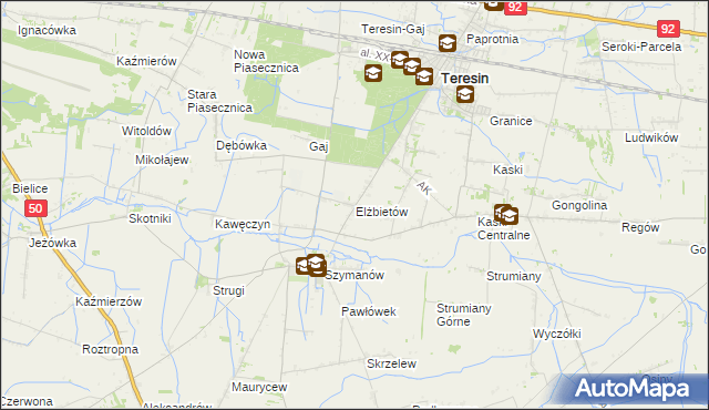 mapa Elżbietów gmina Teresin, Elżbietów gmina Teresin na mapie Targeo